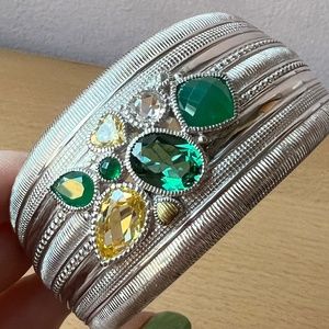 JUDITH RIPKA WIDE CUFF BRACELET STERLING &18K GREEN QUARTZ CANARY CZ CHALCEDONY